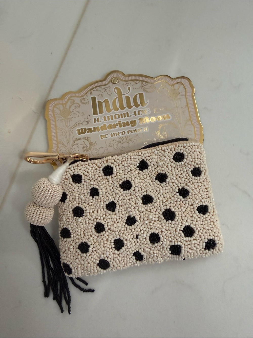 Hand-Beaded Polka Dot Coin Pouch - Cream & Black